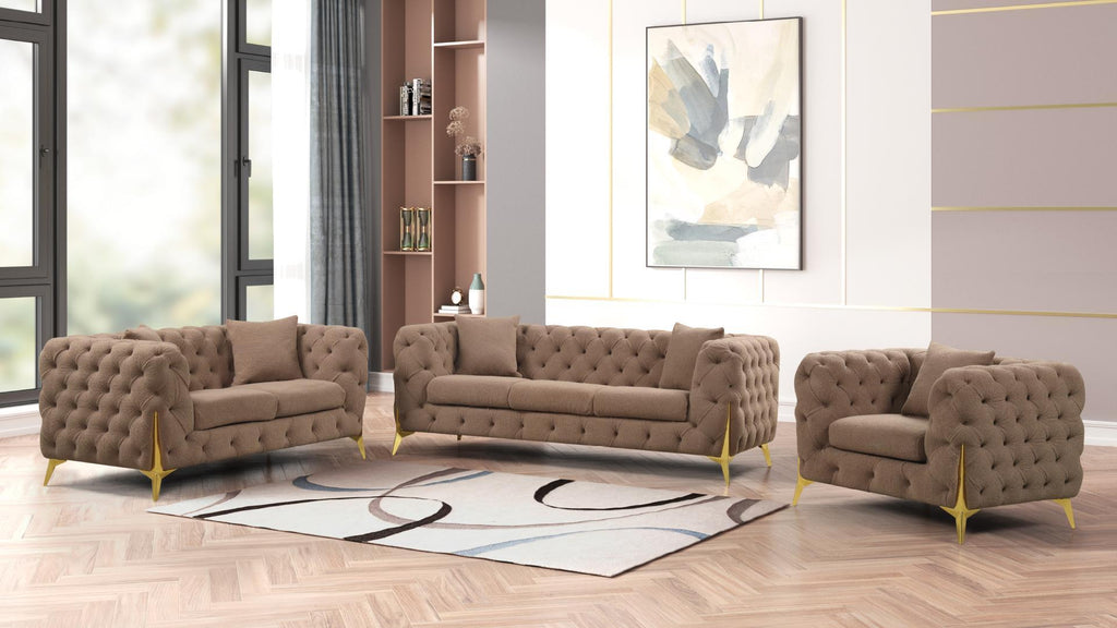 Contempo Sofa and Loveseat side view with warm brown upholstery.