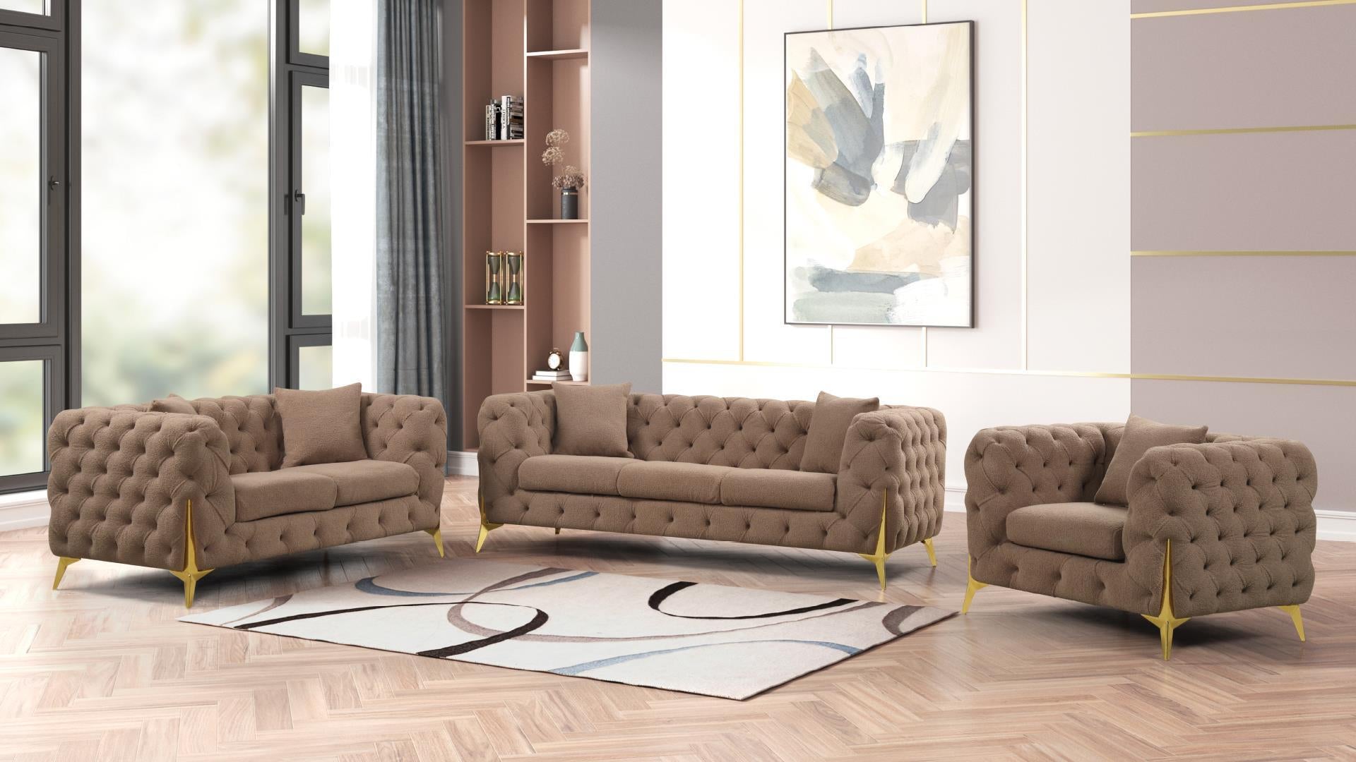 Contempo Sofa and Loveseat side view with warm brown upholstery.