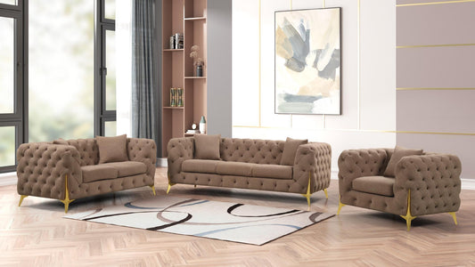 Contempo Sofa and Loveseat side view with warm brown upholstery.