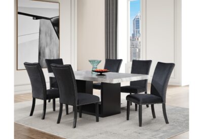 Dining Table, sleek and elegant. Dining Table and Chair Set, modern luxury dining set. Black chairs with marble gray tope and black base dining table.